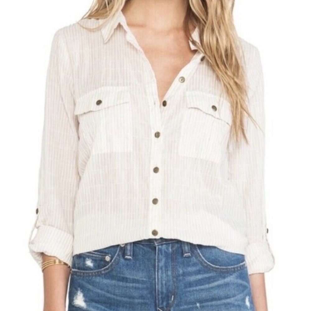 Free People Button-Up Shirt Striped Floral Accents‎ Roll Tab Sleeves Size S
